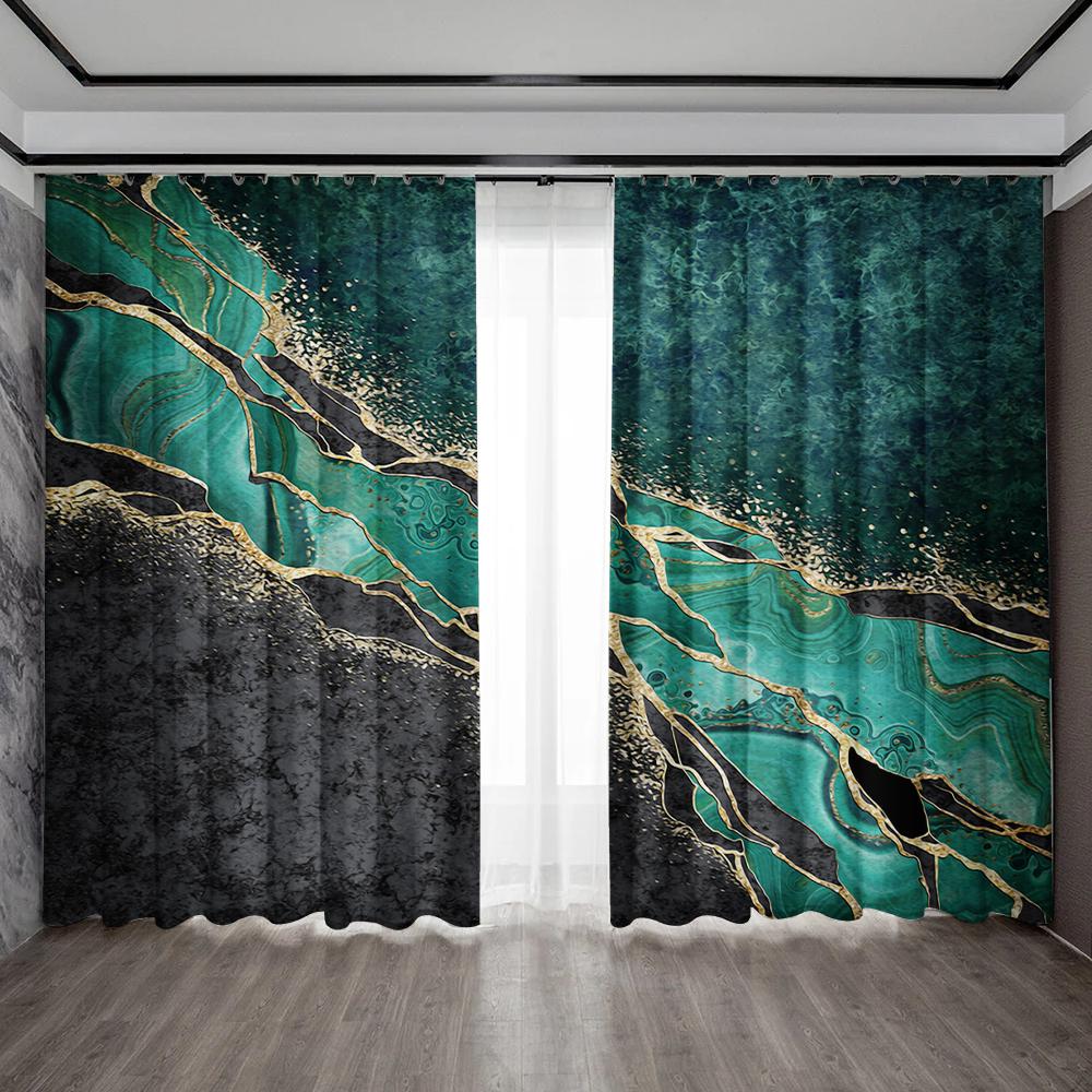 2PC Home Decoration Curtains With Green Marble Background And Pole Pocket Curtains, Kitchen, Coffee Shop, Living Room, Balcony