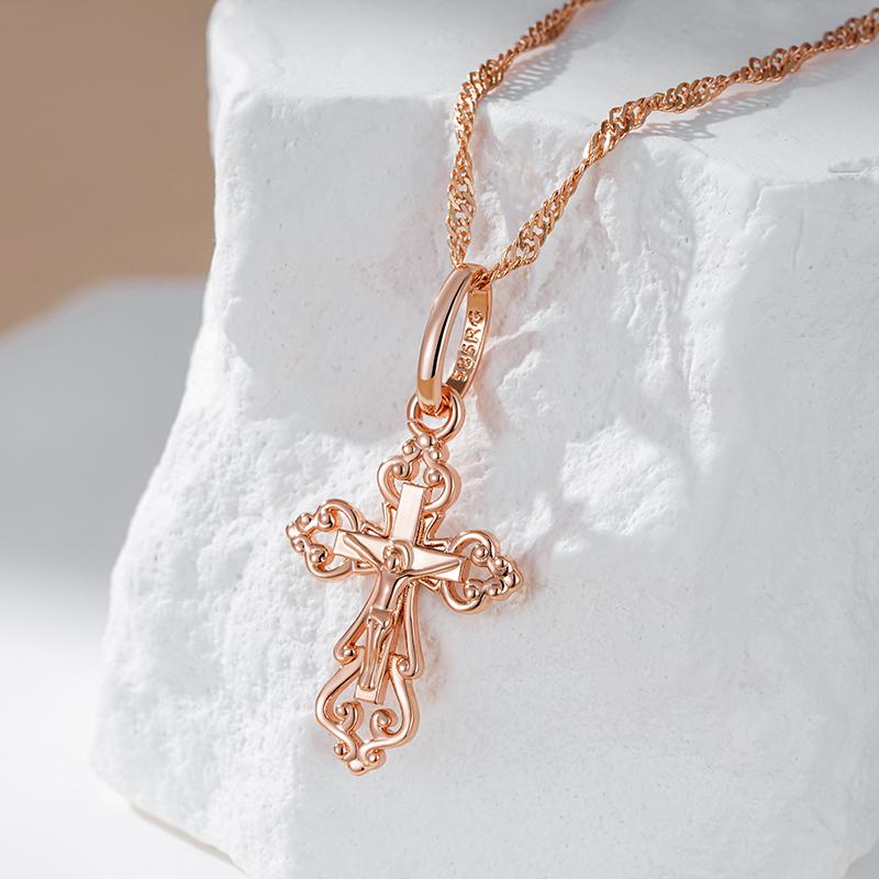 with luxury cross pendants for men and women, rose gold color, Christian, church, Jesus, shiny charm, daily, fine jewelry