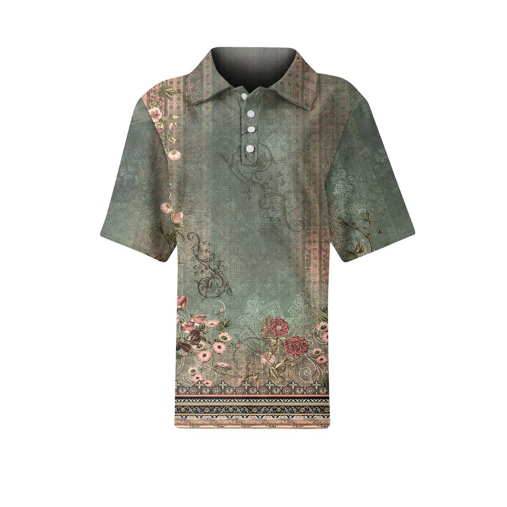 Women’s Casual Short Sleeve Waffle Knit Polo Shirt with Vintage Floral Print and Turn Down Collar for Daily Wear