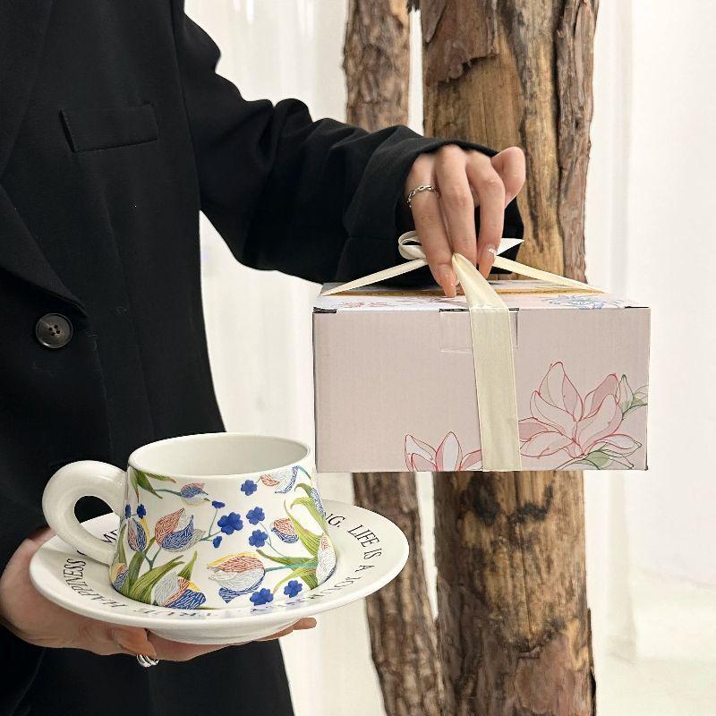 

Retro Contrasting Iris Ceramic Coffee Cup Saucer Set Afternoon Tea Latte Cup Birthday Gift Souvenir Gift Box 201-300ML