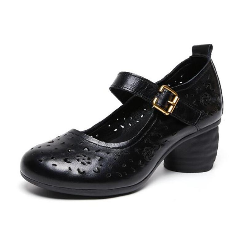 Prawdziwa Skóra Wydrążone Damskie Buty na Wysokim Obcasie Lato Vintage Damskie Czółenka Wygodne Damskie Okrągły Nosek Casualowe Buty na Średnim Obcasie Damskie