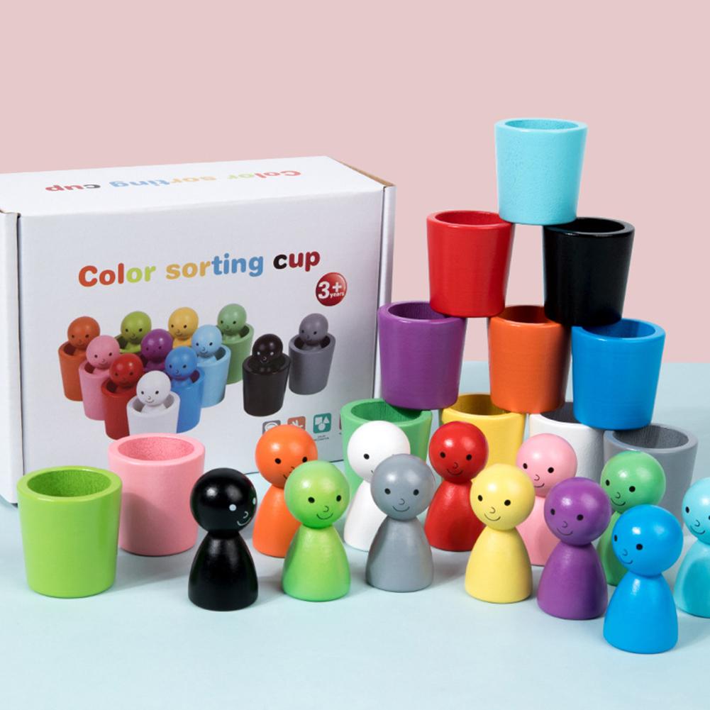 12Pcs Wooden Color Classification Cups Interactive Dolls In Cups Stackable Color Sorting Cups for Intelligence Development
