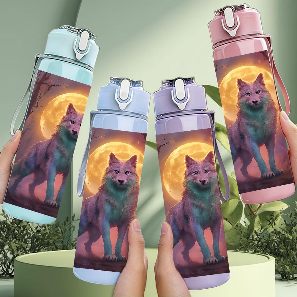 1PC Wolf Howling At Moon Night Print 750ml Color Plastic Sports Water Bottle Leakproof Flip Straw Lid Suitable for Sports Office Home Use
