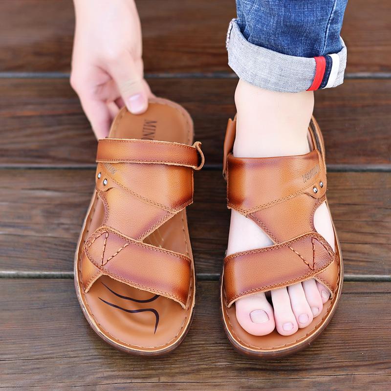 Fashion Summer Casual Beach Shoe Toe Layer Cowhide Fashionable Latex Pad Sandals for Men