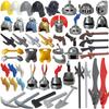 MOC Mittelalterlicher Ritter Baustein Helm Maske Soldat Waffe Dreizack Schulterpanzer Weste Waffe Hacke Axt Schwert Spielzeug Geschenk K127