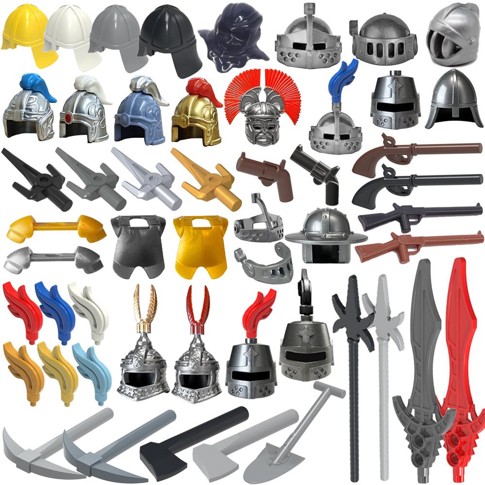 MOC Medieval Knight Building Block Helmet Mask Soldier Weapon Short Trident Shoulder Armour Vest Gun Hoe Axe Sword Toy Gift K127