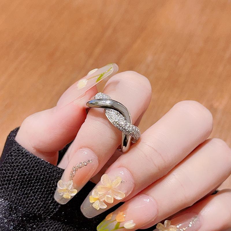 Irregular French Pleated High-End Open Ring Cold Wind Simple Full Of Diamonds Zircon Personality Ring Female