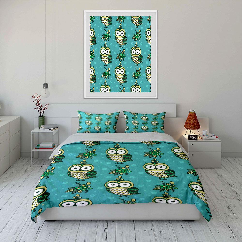 Cartoon Owls and Florals Pattern Bedding Duvet Cover Set (1*Duvet Cover 2*Pillowcases, without duvet insert)