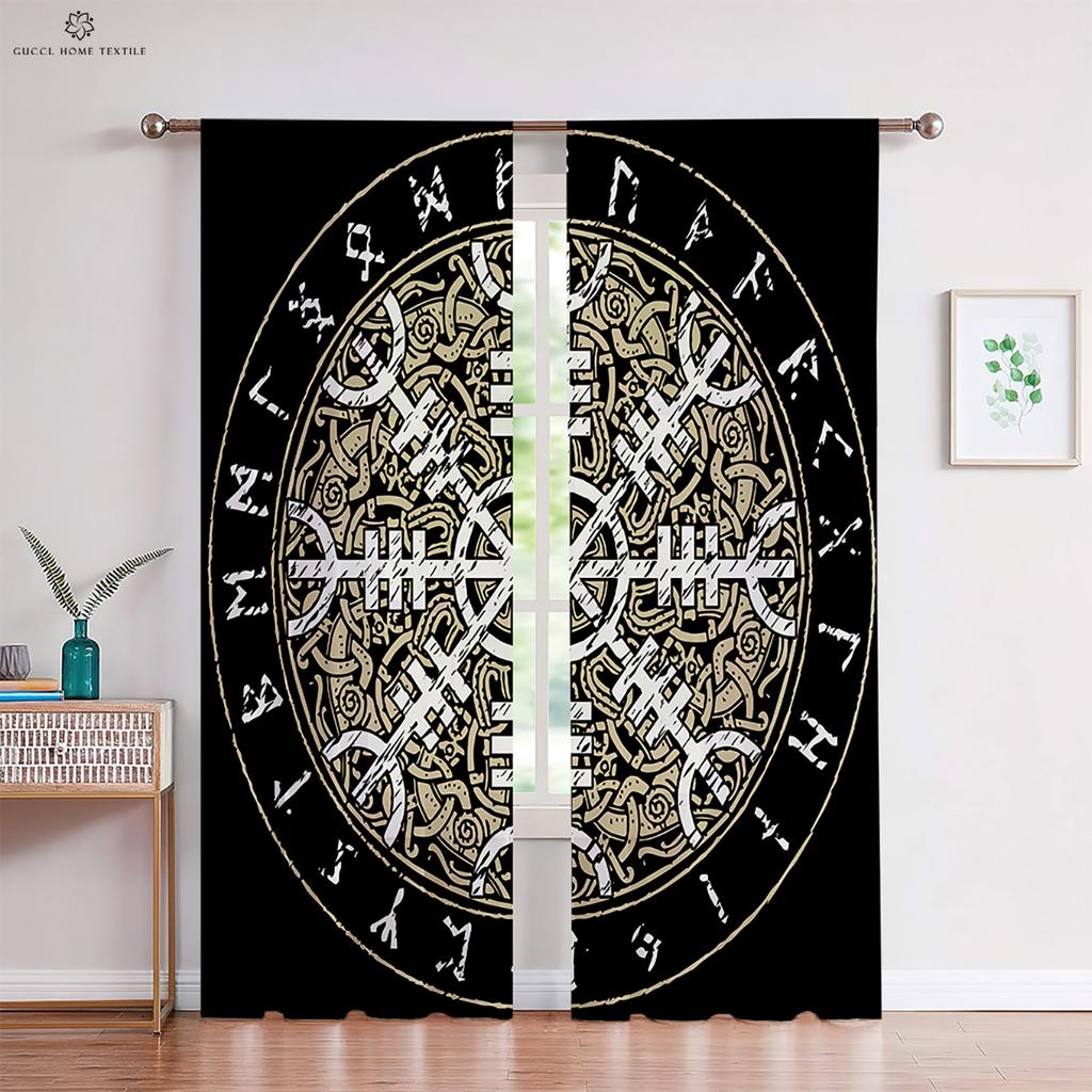 Personalized Rune Shield Three D Printing Curtain Rod Pocket Ornamental Drapes Retro Pattern Bed Room Living Area Kitchen Area