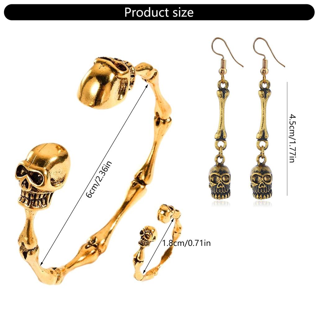 Punk Inspired Skull Jewelry Set Fashionable Bracelet Earrings Rings Halloween Accessories for Fashion Enthusiasts