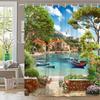 Mediterranean Coastal Scene Shower Curtain with Boats, Buildings, and Blooming Flowers for a Scenic Bathroom Decor