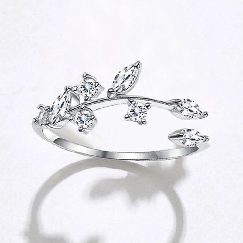 Simple Style Leaves Design Opening Rings with Marquise Round CZ for Women Stylish Wedding Party Accessories Fancy Gift