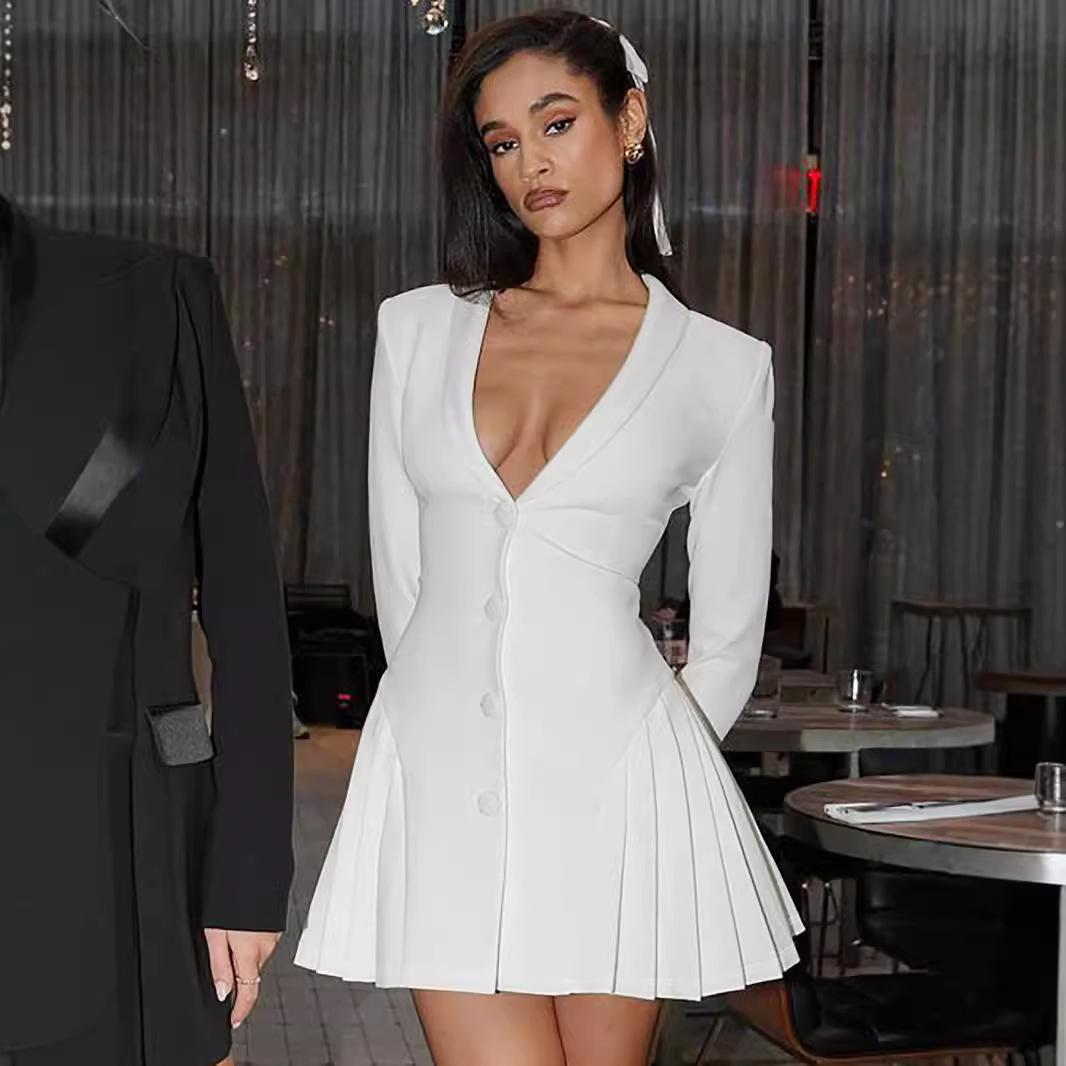 

European and American style autumn new solid color skirt sexy deep V suit pleated skirt button dress S белый