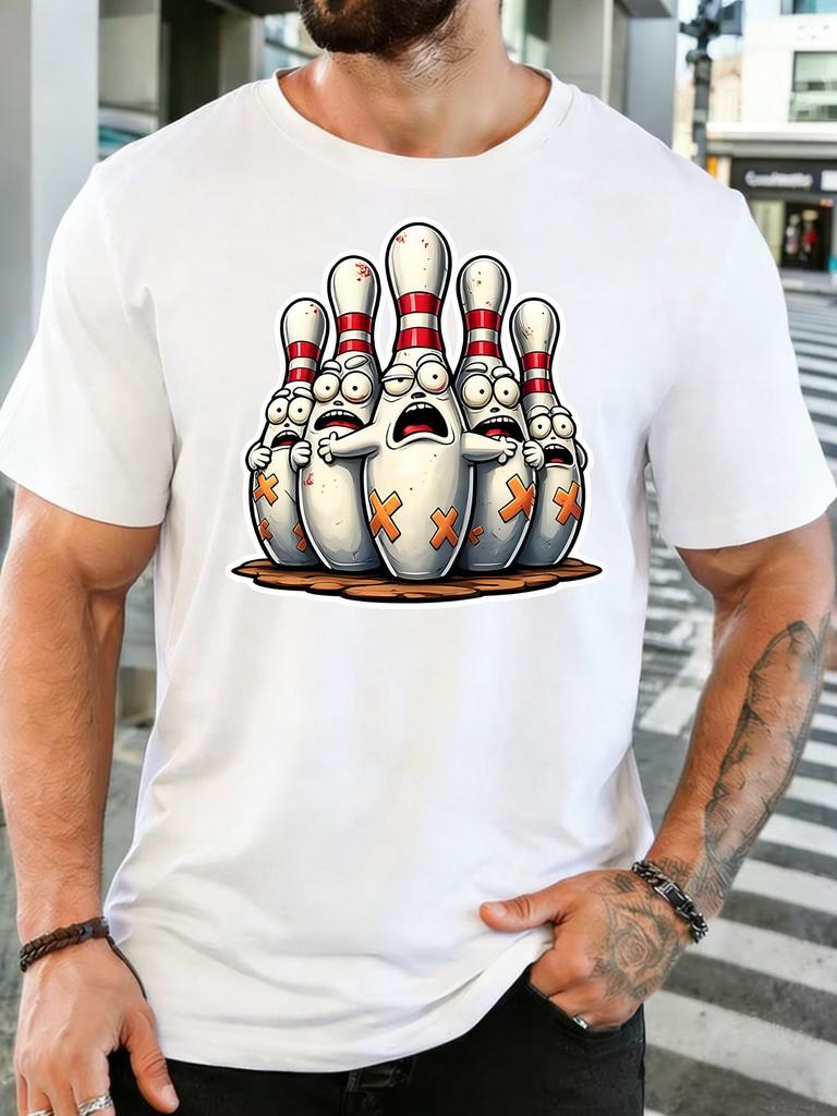 Unisex Funny Scared Cartoon Bowling Pins Graphic Cotton Short Sleeve Tee Crew Neck Soft Male Summer Casual Breathable Street Top
