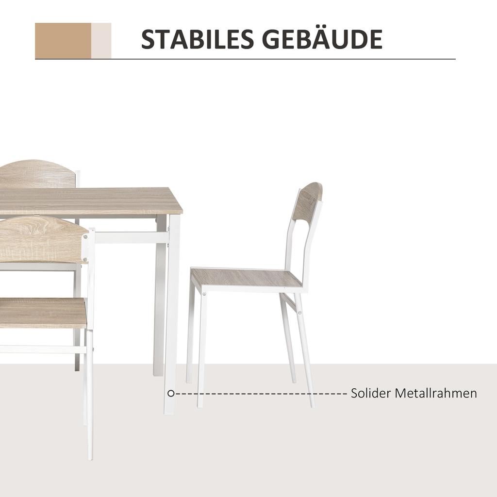 Juego de Comedor de 5 Piezas, Juego de Mesa y Sillas de Comedor con MDF con Veta de Madera y Metal en Gris y Blanco, 1 Mesa y 4 Sillas para Comedor Moderno