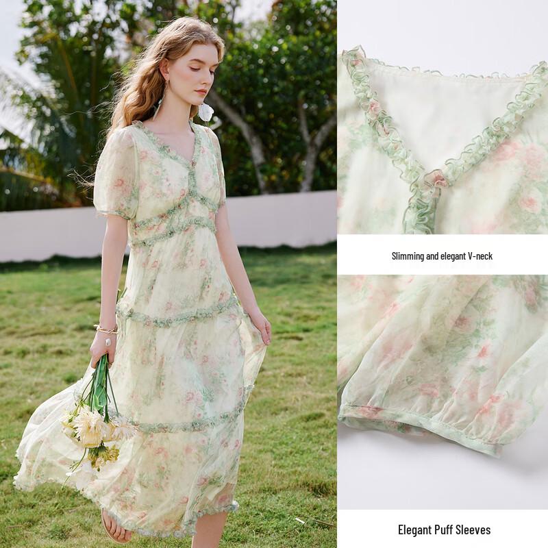 French Floral Ruffled V-neck Midi Dress