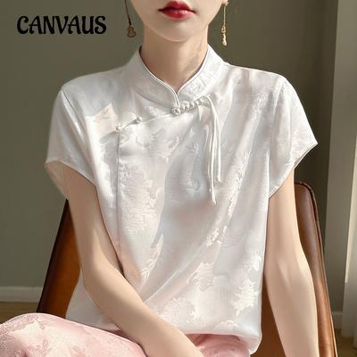 Sommer Damen T-Shirt Seide Stehkragen Platte Knopf T-Shirt Vintage Bedrucktes Satin Kurzarm Tops