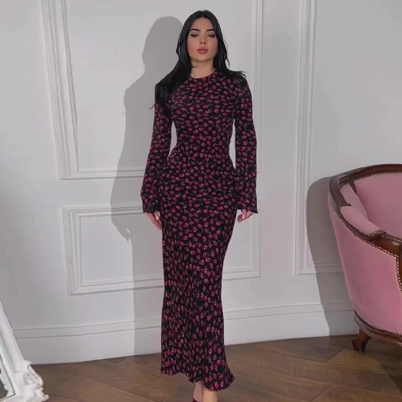 

2024 Осень Европейское и Американское Женское Платье-Бодикон с Круглым Вырезом и Принтом, Облегающего Кроя Extra Small чёрный