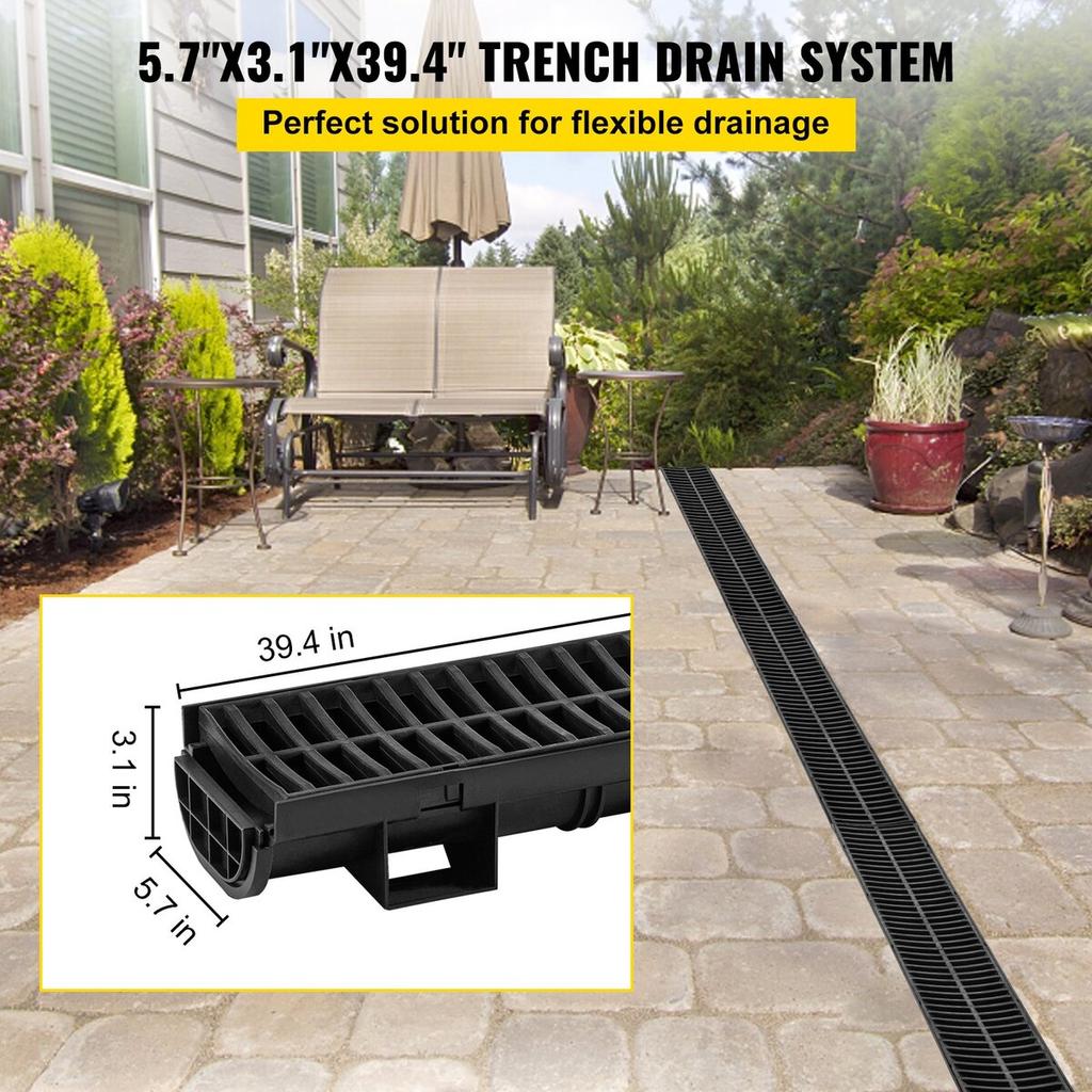 Trench Drain System, Channel Drain with Plastic Grate, 145x79MM HDPE Drainage Trench, Black Plastic Garage Floor Drain, 3x39 Trench Drain Grate, with