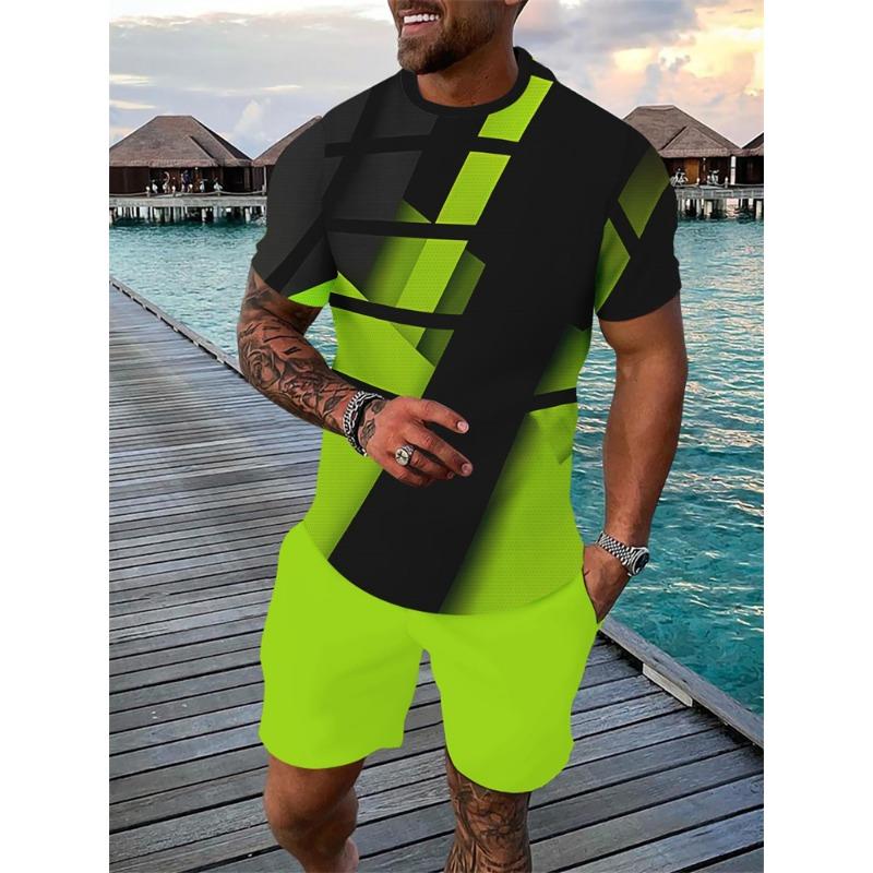 Summer Bestseller T-Shirt Set Color-Block Striped Short-Sleeve T-Shirt & Shorts Set Casual Outdoor Running Fitness Set