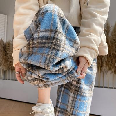 Woolen Floor Pants for Women's Autumn and Winter New Style Plush Pants for Women's Thick Straight Pants Casual Plaid Wide-leg Pants