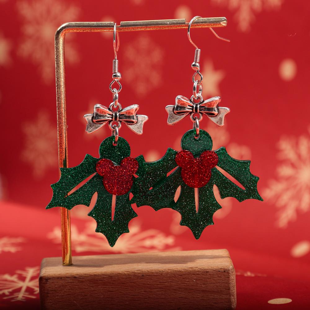 Glitter Green Leaf Acrylic Christmas Earrings for Women Creative Bow Leaves Long Dangle Earring Fashion Party Jewelry Gifts
