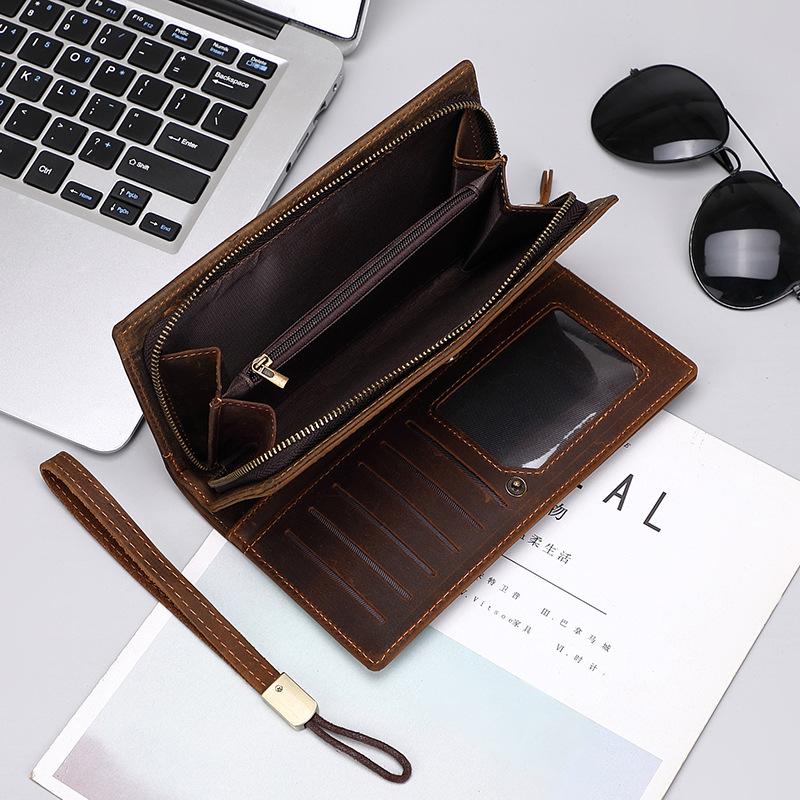 Men's Vintage Designer Long Clutch Wallet 100% Genuine Cowhide Leather Card Holder Classic Retro Genuine Leather Purse with Multi Card Slots