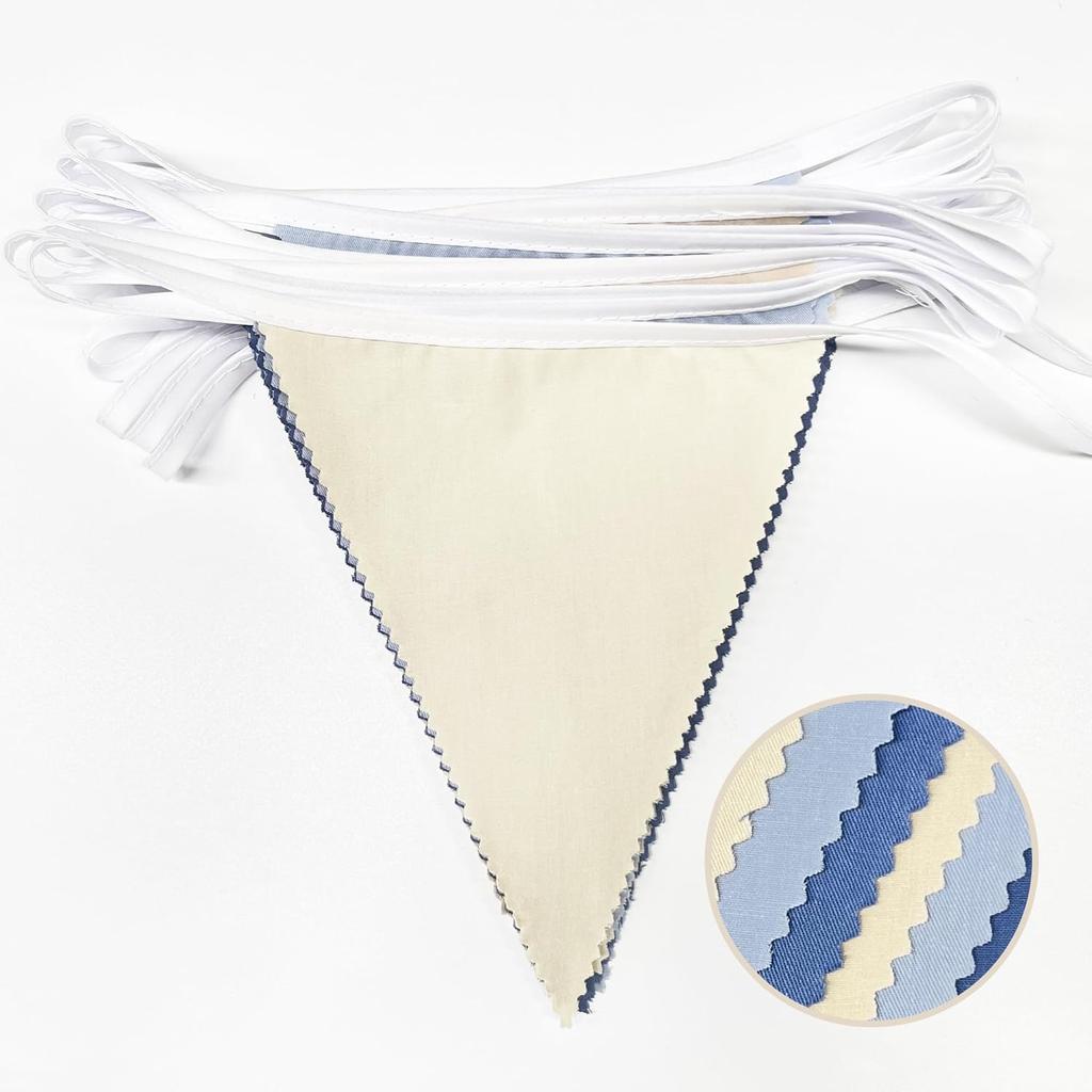 32Ft Blue Party Decorations Retro Blue Triangle Banner Flag Pennant Bunting Fabric Garland Streamers for Nautical Wedding Birthday Ahoy Achor Bridal