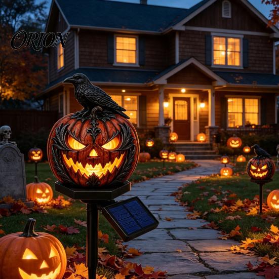Outdoor Halloween Decorations Solar Pumpkin Garden Stake Light, Waterproof Resin LED Weather Resistant Lighting Lantern, Spooky Yard for Patio