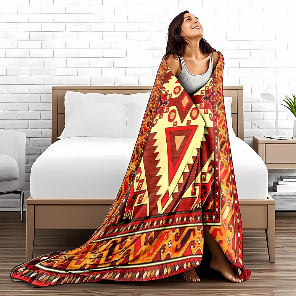 Geometric Boho Tribal-Style blanket, Red and Yellow Ethnic Pattern blanket blanket, suitable for use in the bedroom, living room, on the sofa