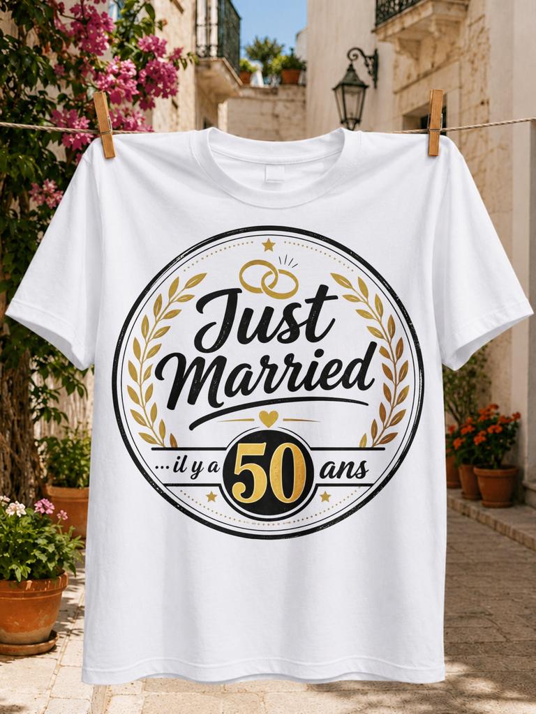 Just Married Il Y A 50 Ans With Wedding Rings Laurel Wreath And Elegant Golden Anniversary Unisex Unisex All Tshirt
