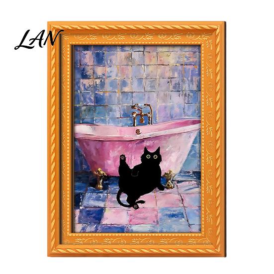 Decorative Fridge Magnets Oil Painting Cat Refrigerator Magnet, Wooden Frame Black Pattern Magnet Decor Theme Retro Rectangle Magnetic Decoration Home