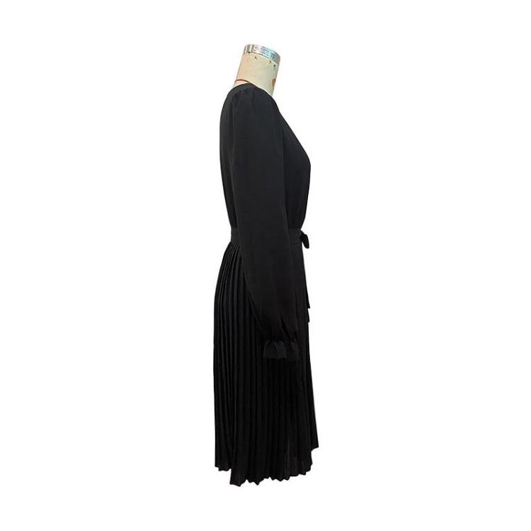 Black High Waist Pleated A Line Dress for Women V Neck Long Sleeve Lace Up Early Autumn Fashion