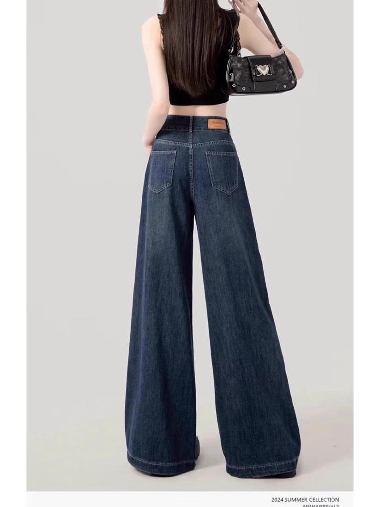 Plus Size Women's Retro Fleece-Lined Jeans: Loose High-Waisted Slimming Straight-Wide Leg Pants for Autumn/Winter 2024