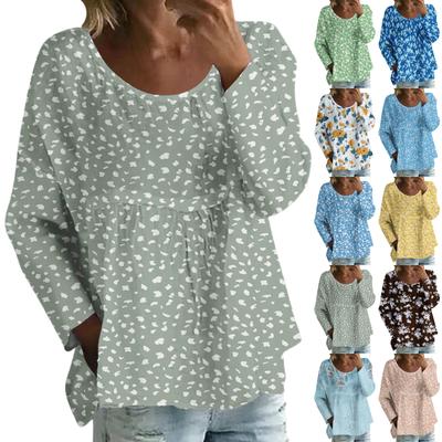 Dames Casual Mode Losse Ronde Hals Bloemenprint Lange Mouw Top