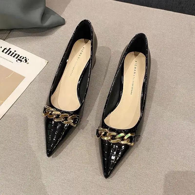 Fashion Shoes For Women Black Chain Square Heels With Medium Luxury Leather Casual Pointed Toe Office Woman Footwear Lastest Non Slip E