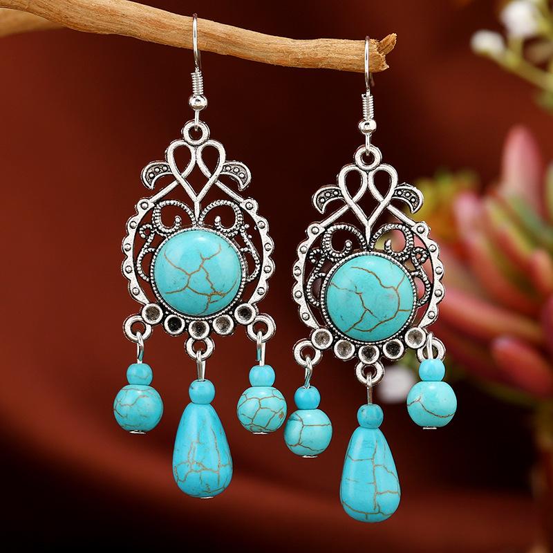 Bohemian Ethnic Retro Floral Turquoise Dangle Earrings