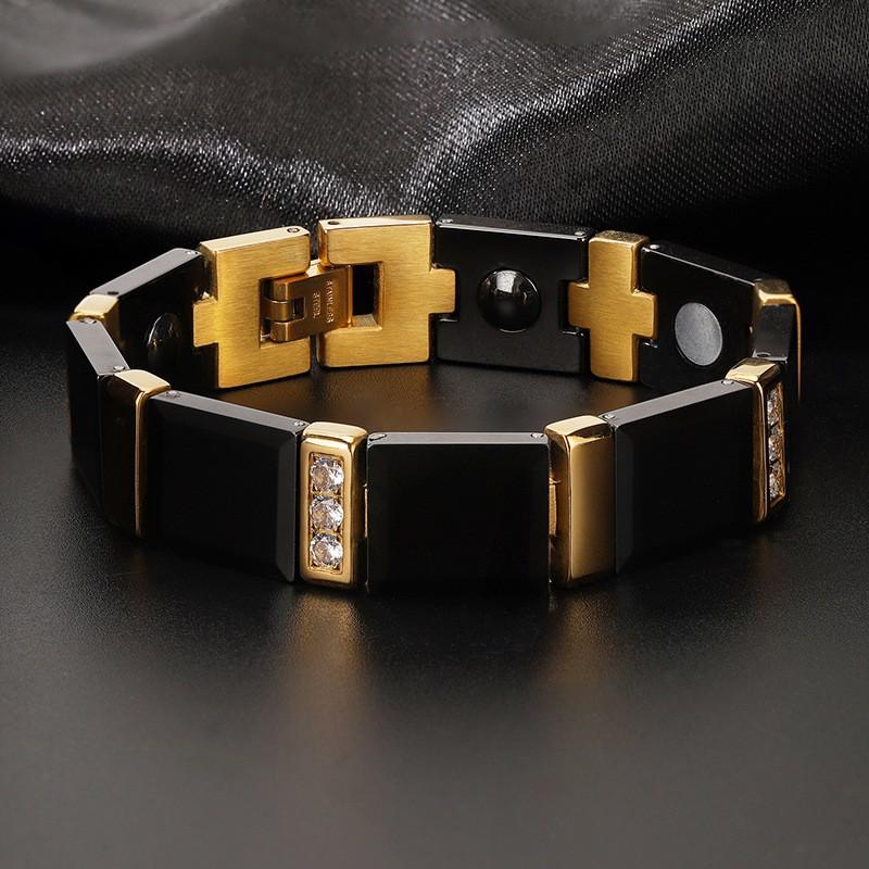 Mens Ceramic Titanium Steel Bracelet With Magnetic Therapy Geometric Design Black Gold Tone Luxury Casual Accessory