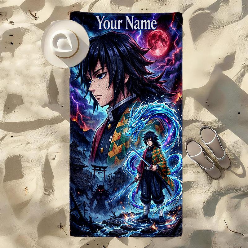 Custom Name Demon Slayer Stylish Digital Printing Beach Towel Quick‑Drying Absorbent Blanket for Beach Pool Gym Travel