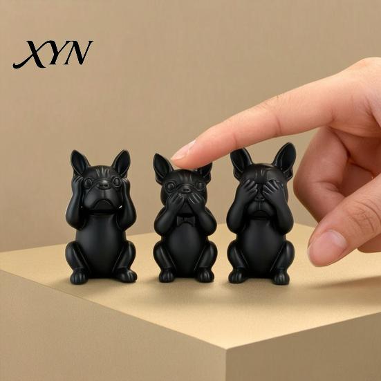 French Bulldog Desk Ornament 3D Printed Statues Set of 3, Matte Black Sculpture, Minimalist Bull Dog One-piece Molded Figure Figurines for Home