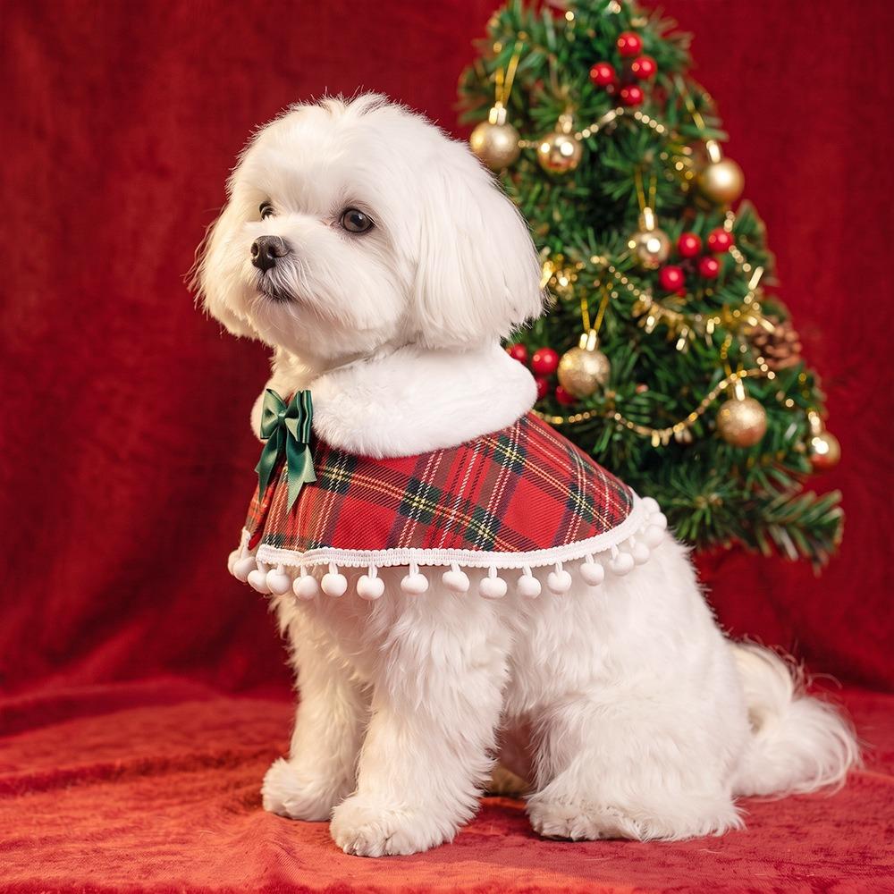 Plaid Pattern New Year's Cat Cloak Fleece Lined Xmas Cat Shawl Elegant Christmas Pet Scarf Party