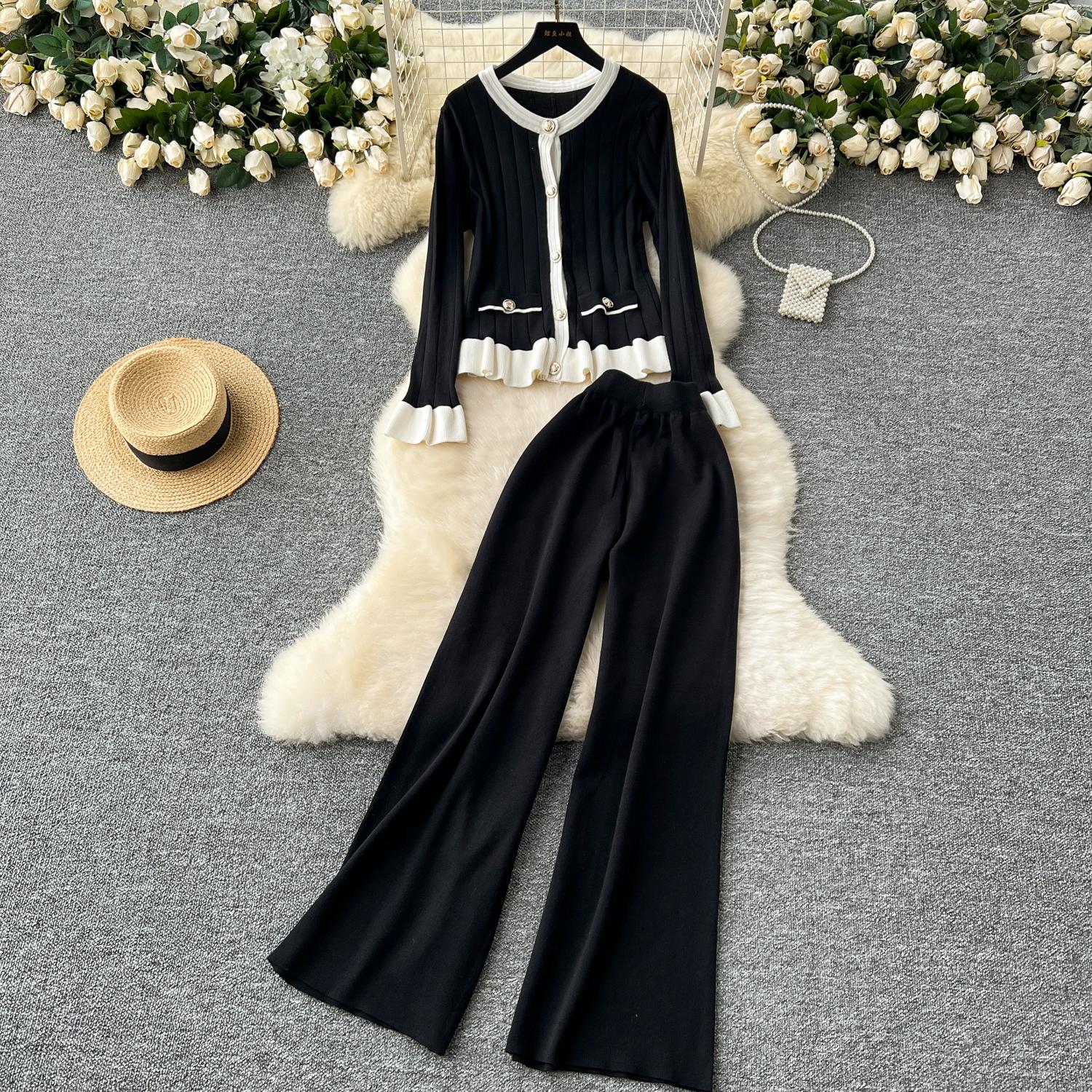 

Осенне-зимний вязаный свитер, женский комплект из куртки с длинным рукавом и брюк длиной до щиколотки, спортивный костюм из двух частей One Size чёрный