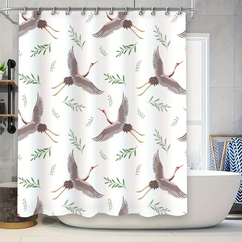 

Elegant Crane Pattern Shower Curtain Waterproof Fabric With Rings For Bathroom Decor White Green Floral Design 180X240Cm (White) W60H190(CM)-1 Pcs