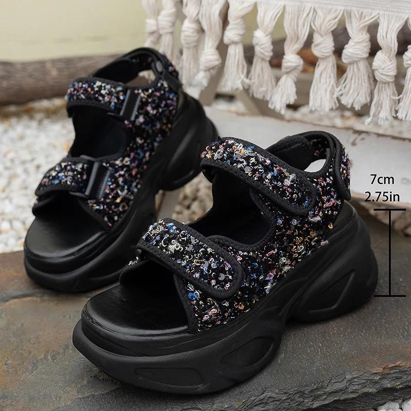 

Fashion 2025 New Sequin Wedge Sandals Women Plus Size Chunky Platform Summer Sandles Woman Fashion Fish Mouth Thick Sole Sandalias 43 чёрный