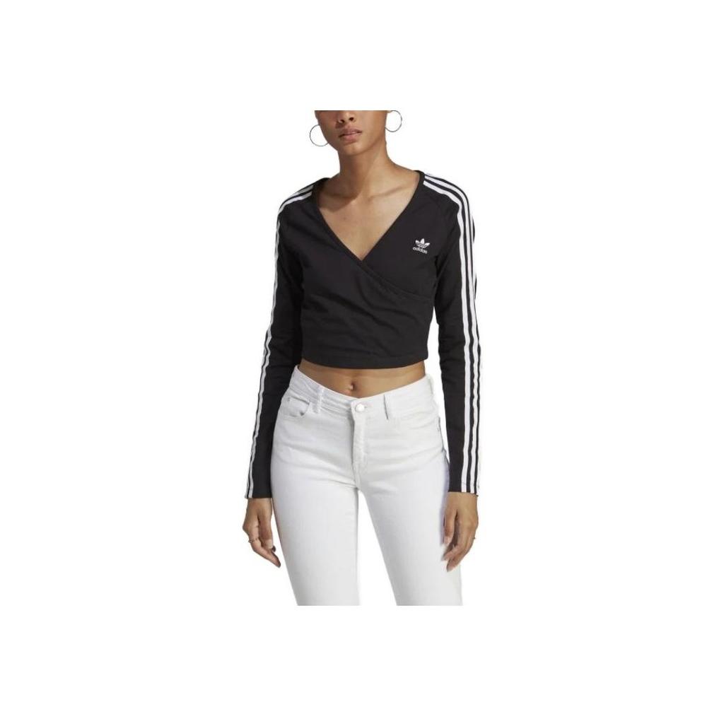 Adidas Originals Classic Series Trefoil Solid Logo Printed Three Stripes Long Sleeve Raglan T-Shirt Women Tops Black IB7312