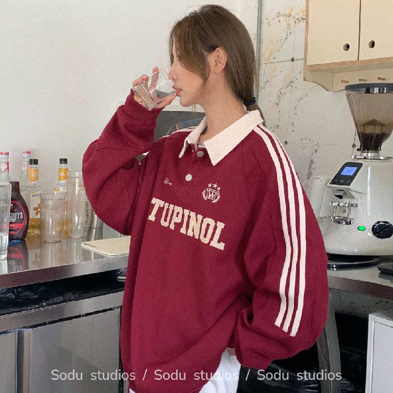 American Retro Color Block Polo Sweatshirt - Casual Loose Fit