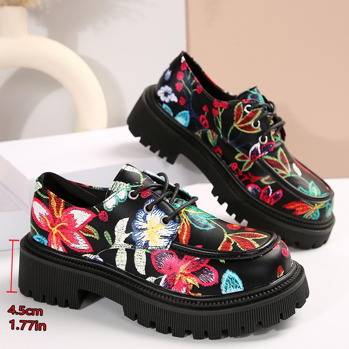 

Large size 2025 spring new round head thick sole printing ethnic style simple lace-up women s single shoes 42 червоний колір чорний