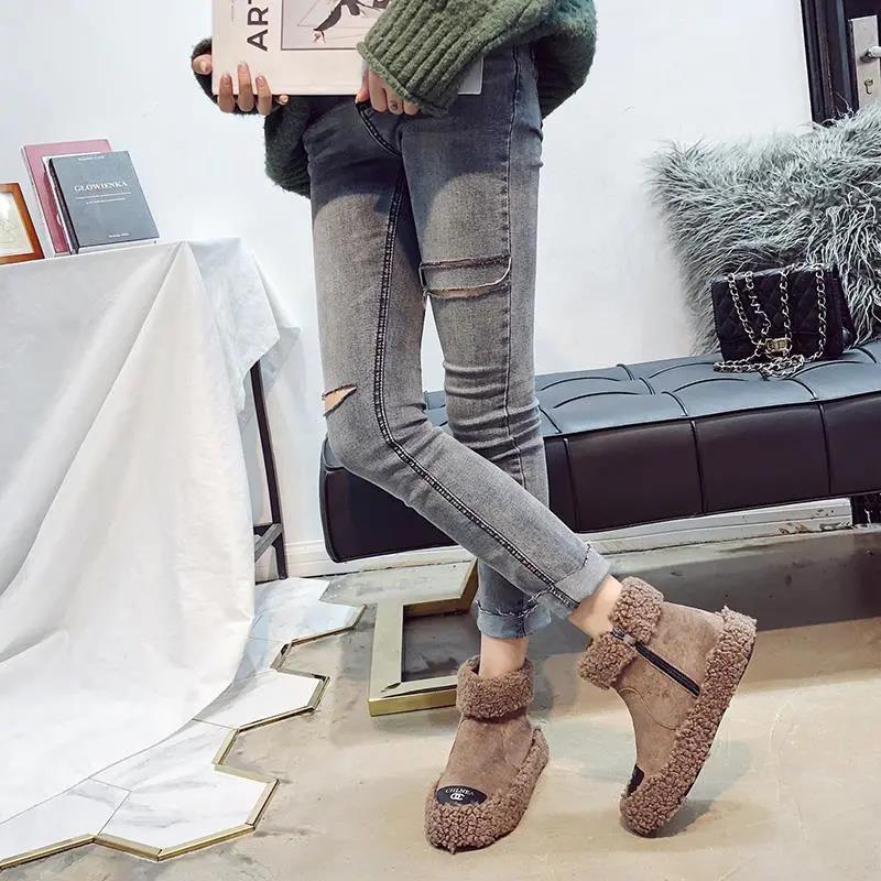 2021 new sheep curly wool shoes warm velvet cotton shoes women's winter flat short boots children's shoes non-slip snow boots