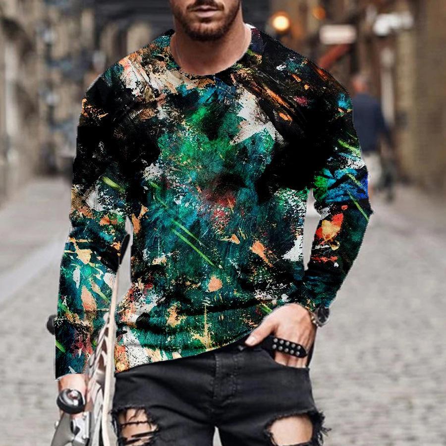 Spring and Autumn Round Neck 3D Artistic Printed T-shirts Fashionable Casual Long Sleeved Men's T-shirts