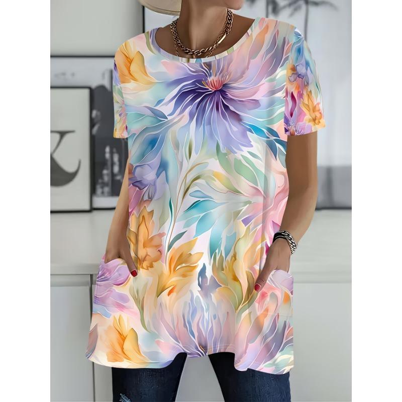 Women'S Summer Watercolor Hundred Flowers Pocket Round Neck Short Sleeve T-Shirt Sports Casual Top